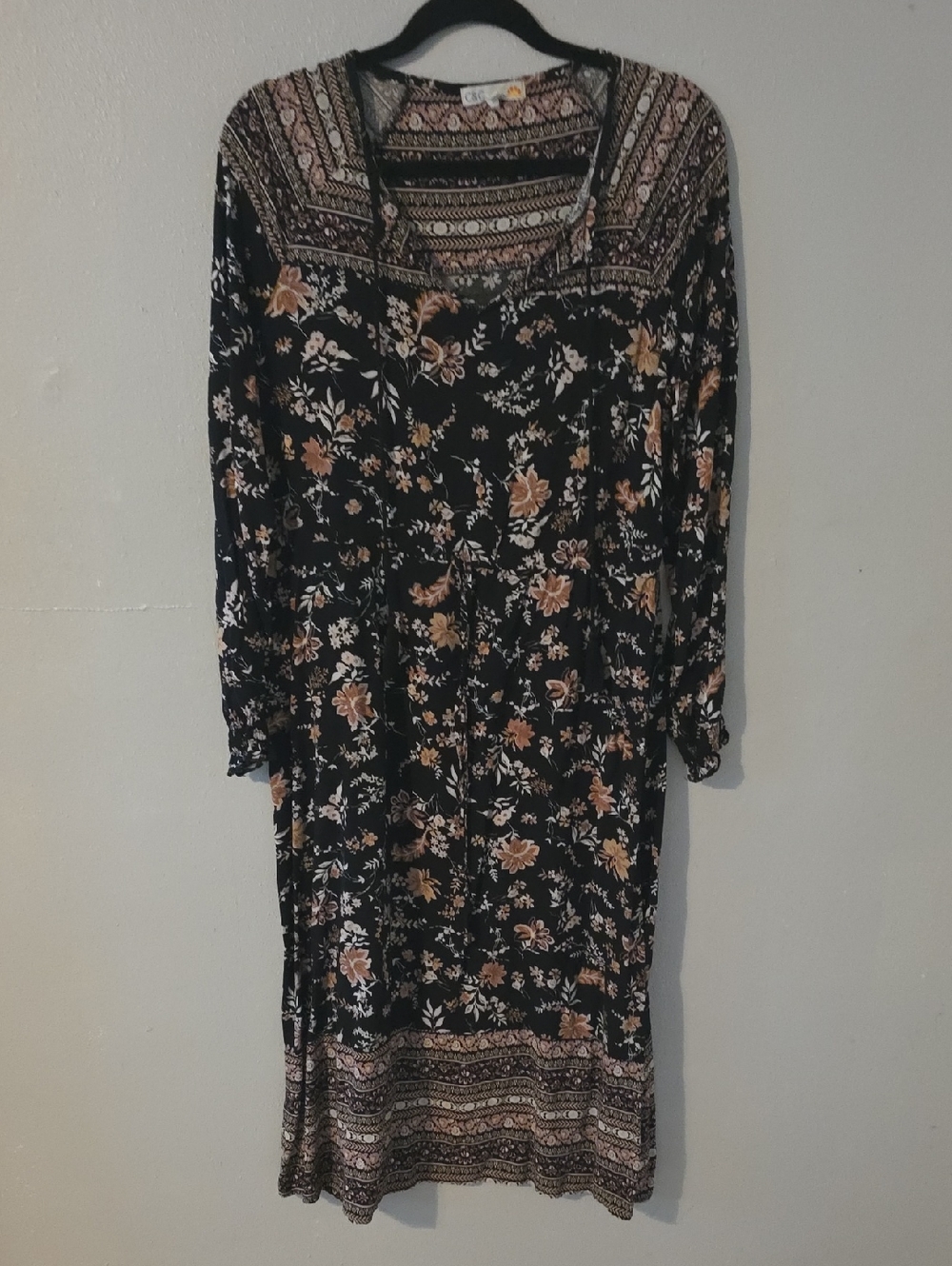 C&C California Black Midi Dress with Tan Floral Print
